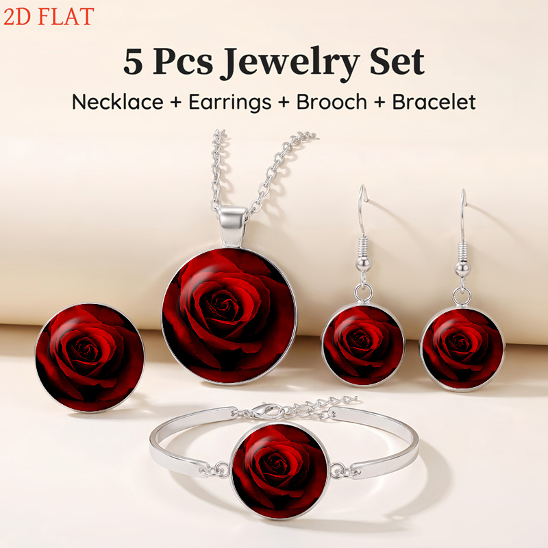 Red Rose-Themed Women's Necklace, Earrings, Brooch, Bracelet Set